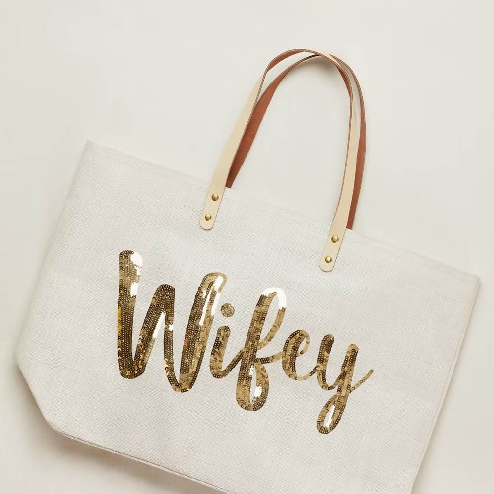 New Mud Pie Cream Jute Tote with Gold Sequin 'Wifey' Design